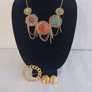 Gold Tone Necklace, Brooch and Earrings Set